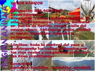 DATOS BÁSICOS
REGIÓN ANDINA
                Extensión: 282.450 Km2
                Departamentos:
                Risaralda, Caldas, Quindío, Tolima, H
                uila, Cundinamarca, Boyacá, Santand
                er, parte de Nariño, cauca, valle del
                cauca, choco, Antioquia, meta, córdob
                a, cesar, Casanare, Caquetá y
                putumayo.

                Limites: toda la central del país y
                convergente los valles formados por
                los ríos cauca y magdalena junto con
                las tres cordilleras.

                Economía:
                agrícola, textiles, industria, product
 