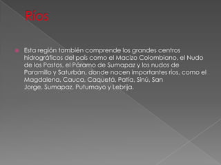  Esta región también comprende los grandes centros
hidrográficos del país como el Macizo Colombiano, el Nudo
de los Pastos, el Páramo de Sumapaz y los nudos de
Paramillo y Saturbán, donde nacen importantes ríos, como el
Magdalena, Cauca, Caquetá, Patía, Sinú, San
Jorge, Sumapaz, Putumayo y Lebrija.
 