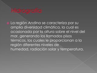 La región Andina se caracteriza por su
amplia diversidad climática, la cual es
ocasionada por la altura sobre el nivel del
mar, generando los llamados pisos
térmicos, los cuales le proporcionan a la
región diferentes niveles de
humedad, radiación solar y temperatura.
 