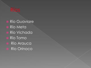  Río Guaviare
 Río Meta
 Río Vichada
 Río Tomo
 Río Arauca
 Río Orinoco
 