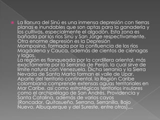  La llanura del Sinú es una inmensa depresión con tierras
planas e inundables que son aptas para la ganadería y
los cultivos, especialmente el algodón. Esta zona es
bañada por los ríos Sinú y San Jorge respectivamente.
Otra enorme depresión es la Depresión
Momposina, formada por la confluencia de los ríos
Magdalena y Cauca, además de cientos de ciénagas
y lagos.
La región es flanqueada por la cordillera oriental, más
exactamente por la Serranía de Perijá, la cual sirve de
límite natural con Venezuela. Dicha serranía y la Sierra
Nevada de Santa Marta forman el valle de Upar.
Aparte del territorio continental, la Región Caribe
colombiana comprende extensas aguas territoriales en
Mar Caribe, así como estratégicos territorios insulares
como el archipiélago de San Andrés, Providencia y
Santa Catalina, además de varios cayos
(Roncador, Quitasueño, Serrana, Serranilla, Bajo
Nuevo, Albuquerque y del Sureste, entre otros)....
 
