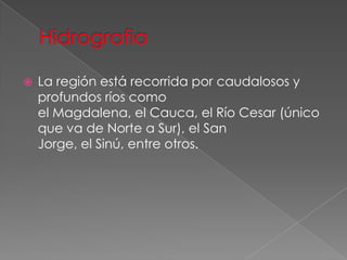  La región está recorrida por caudalosos y
profundos ríos como
el Magdalena, el Cauca, el Río Cesar (único
que va de Norte a Sur), el San
Jorge, el Sinú, entre otros.
 