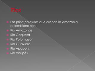  Los principales ríos que drenan la Amazonia
colombiana son:
 Río Amazonas
 Río Caquetá
 Río Putumayo
 Río Guaviare
 Río Apaporis
 Río Vaupés
 