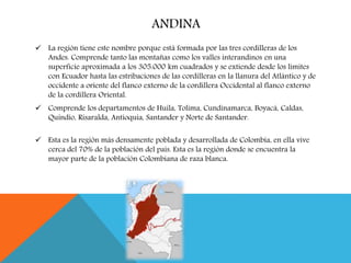 ANDINA 
 La región tiene este nombre porque está formada por las tres cordilleras de los 
Andes. Comprende tanto las mont...