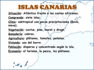 Situación : Atlántico frente a las costas africanas. Comprende : siete islas. Clima : subtropical con pocas precipitaciones (lluvia, nieve). Vegetación : cactus, pino, laurel y drago. Ganadería : cabras. Agricultura : plátanos, tomates, patatas. Vivienda : uso del barro. Población : dispersa y concentrada según la isla. Economía : el turismo, la pesca, los plátanos. 