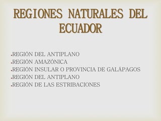 REGIONES NATURALES DEL
ECUADOR
●REGIÓN DEL ANTIPLANO
●REGIÓN AMAZÓNICA
●REGIÓN INSULAR O PROVINCIA DE GALÁPAGOS
●REGIÓN DEL ANTIPLANO
●REGIÓN DE LAS ESTRIBACIONES
 