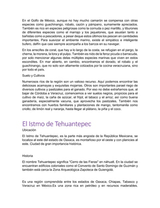 En el Golfo de México, aunque no hay mucho camarón se compensa con otras
especies como guachinango, robalo, cazón y pámpano, sumamente apreciados.
También es rico en especies peligrosas como la cornuda o pez martillo, y tiburones
de diferentes especies como el marrajo y los jaquetones, que asustan tanto a
bañistas como a pescadores, a pesar deque estos últimos los pescan en cantidades
importantes. Para suavizar el ambiente marino, existe el simpático e inteligente
bufero, delfín que casi siempre acompaña a los barcos en su navegar.
En los arrecifes de coral, que hay a lo largo de la costa, se refugian en el pargo, la
cherna, la morena, la lora y el pulpo. También es nido de la feroz picuda o barracuda,
por solo mencionar algunas delas múltiples especies marinas que viven en estos
escondites. En mar abierto, en cambio, encontramos el dorado, el robalo y el
guachinango, que no solo son altamente cotizados por la cocina veracruzana, sino
por todo el país.
Suelo y Cultivos
Numerosos ríos de la región son un valioso recurso. Aquí podemos encontrar las
deliciosas acamayas y exquisitas mojarras. Otros son importantes parael riego de
diversos cultivos y pastizales para el ganado. Por eso no debe extrañarnos que, al
bajar de Córdoba a Veracruz, comencemos a ver suelos negros, propicios para el
cultivo de maíz, la caña de azúcar, el frijol, el tabaco y el arroz; así como buena
ganadería, especialmente vacuna, que aprovecha los pastizales. También nos
encontramos con huertos familiares y plantaciones de mango, tantomanila como
criollo; de limón real y naranja, hasta llegar al plátano, la piña y el coco.
El Istmo de Tehuantepec
Ubicación
El Istmo de Tehuantepec, es la parte más angosta de la República Mexicana, se
localiza al este del estado de Oaxaca, es montañoso por el oeste y con planicies al
este. Ciudad de gran importancia histórica.
Historia
El nombre Tehuantepec significa "Cerro de las Fieras" en náhuatl. En la ciudad se
encuentran edificios coloniales como el Convento de Santo Domingo de Guzmán y
también está cerca la Zona Arqueológica Zapoteca de Guiengolá.
Es una región comprendida entre los estados de Oaxaca, Chiapas, Tabasco y
Veracruz en México.Es una zona rica en petróleo y en recursos maderables.
 