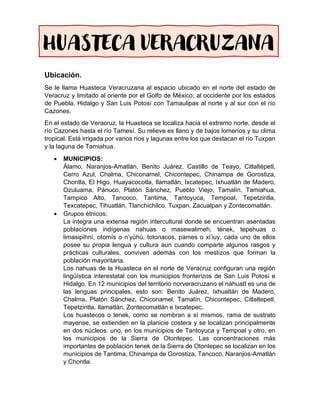 Ubicación.
Se le llama Huasteca Veracruzana al espacio ubicado en el norte del estado de
Veracruz y limitado al oriente por el Golfo de México; al occidente por los estados
de Puebla, Hidalgo y San Luis Potosí con Tamaulipas al norte y al sur con el río
Cazones.
En el estado de Veracruz, la Huasteca se localiza hacia el extremo norte, desde el
río Cazones hasta el río Tamesí. Su relieve es llano y de bajos lomeríos y su clima
tropical. Está irrigada por varios ríos y lagunas entre los que destacan el río Tuxpan
y la laguna de Tamiahua.
• MUNICIPIOS:
Álamo, Naranjos-Amatlán, Benito Juárez, Castillo de Teayo, Citlaltépetl,
Cerro Azul, Chalma, Chiconamel, Chicontepec, Chinampa de Gorostiza,
Chontla, El Higo, Huayacocotla, Ilamatlán, Ixcatepec, Ixhuatlán de Madero,
Ozuluama, Pánuco, Platón Sánchez, Pueblo Viejo, Tamalín, Tamiahua,
Tampico Alto, Tancoco, Tantima, Tantoyuca, Tempoal, Tepetzintla,
Texcatepec, Tihuatlán, Tlanchichilco, Tuxpan, Zacualpan y Zontecomatlán.
• Grupos étnicos:
La integra una extensa región intercultural donde se encuentran asentadas
poblaciones indígenas nahuas o masewalimeh, tének, tepehuas o
limasipihní, otomís o n’yühú, totonacos, pames o xi’iuy, cada uno de ellos
posee su propia lengua y cultura aun cuando comparte algunos rasgos y
prácticas culturales, conviven además con los mestizos que forman la
población mayoritaria.
Los nahuas de la Huasteca en el norte de Veracruz configuran una región
lingüística interestatal con los municipios fronterizos de San Luis Potosí e
Hidalgo. En 12 municipios del territorio norveracruzano el náhuatl es una de
las lenguas principales, esto son: Benito Juárez, Ixhuatlán de Madero,
Chalma, Platón Sánchez, Chiconamel, Tamalín, Chicontepec, Citlaltepetl,
Tepetzintla, Ilamatlán, Zontecomatlán e Ixcatepec.
Los huastecos o tenek, como se nombran a sí mismos, rama de sustrato
mayense, se extienden en la planicie costera y se localizan principalmente
en dos núcleos: uno, en los municipios de Tantoyuca y Tempoal y otro, en
los municipios de la Sierra de Otontepec. Las concentraciones más
importantes de población tenek de la Sierra de Otontepec se localizan en los
municipios de Tantima, Chinampa de Gorostiza, Tancoco, Naranjos-Amatlán
y Chontla.
HUASTECA VERACRUZANA
 