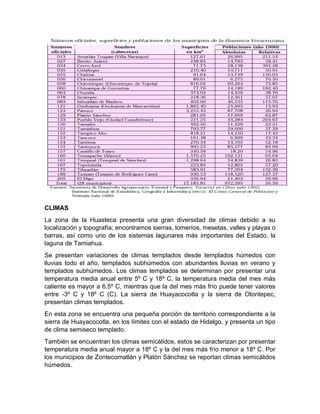 CLIMAS
La zona de la Huasteca presenta una gran diversidad de climas debido a su
localización y topografía; encontramos sierras, lomeríos, mesetas, valles y playas o
barras, así como uno de los sistemas lagunares más importantes del Estado, la
laguna de Tamiahua.
Se presentan variaciones de climas templados desde templados húmedos con
lluvias todo el año, templados subhúmedos con abundantes lluvias en verano y
templados subhúmedos. Los climas templados se determinan por presentar una
temperatura media anual entre 5º C y 18º C, la temperatura media del mes más
caliente es mayor a 6.5º C, mientras que la del mes más frío puede tener valores
entre -3º C y 18º C (C). La sierra de Huayacocotla y la sierra de Otontepec,
presentan climas templados.
En esta zona se encuentra una pequeña porción de territorio correspondiente a la
sierra de Huayacocotla, en los límites con el estado de Hidalgo, y presenta un tipo
de clima semiseco templado.
También se encuentran los climas semicálidos, estos se caracterizan por presentar
temperatura media anual mayor a 18º C y la del mes más frío menor a 18º C. Por
los municipios de Zontecomatlán y Platón Sánchez se reportan climas semicálidos
húmedos.
 