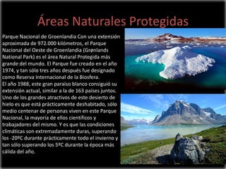 Áreas Naturales Protegidas
Parque Nacional de Groenlandia Con una extensión
aproximada de 972.000 kilómetros, el Parque
Nacional del Oeste de Groenlandia (Grønlands
National Park) es el área Natural Protegida más
grande del mundo. El Parque fue creado en el año
1974, y tan sólo tres años después fue designado
como Reserva Internacional de la Biosfera.
El año 1988, este gran paraíso blanco consiguió su
extensión actual, similar a la de 163 países juntos.
Uno de los grandes atractivos de este desierto de
hielo es que está prácticamente deshabitado, sólo
medio centenar de personas viven en este Parque
Nacional, la mayoría de ellos científicos y
trabajadores del mismo. Y es que las condiciones
climáticas son extremadamente duras, superando
los -20ºC durante prácticamente todo el invierno y
tan sólo superando los 5ºC durante la época más
cálida del año.

 