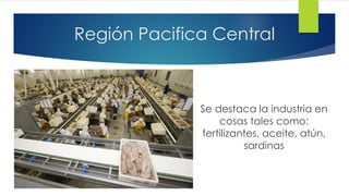Región Pacifica Central
Se destaca la industria en
cosas tales como:
fertilizantes, aceite, atún,
sardinas
 