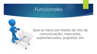 Funcionales
Que se hace por medio de vías de
comunicación, mercados,
supermercados, pulperías, etc
 