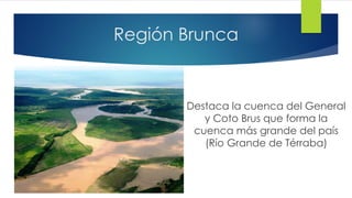 Región Brunca
Destaca la cuenca del General
y Coto Brus que forma la
cuenca más grande del país
(Río Grande de Térraba)
 