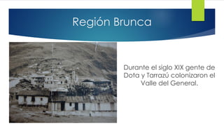 Región Brunca
Durante el siglo XIX gente de
Dota y Tarrazú colonizaron el
Valle del General.
 
