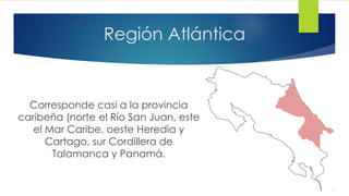 Región Atlántica
Corresponde casi a la provincia
caribeña (norte el Río San Juan, este
el Mar Caribe, oeste Heredia y
Cartago, sur Cordillera de
Talamanca y Panamá.
 