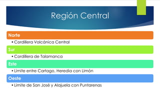 Región Central
Norte
•Cordillera Volcánica Central
Sur
•Cordillera de Talamanca
Este
•Limite entre Cartago, Heredia con Limón
Oeste
•Limite de San José y Alajuela con Puntarenas
 
