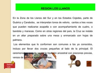 REGION LOS LLANOS
En la Zona de los Llanos del Sur y en los Estados Cojedes, parte de
Guárico y Carabobo, se interpretan tonos de velorio, cantos a tres voces
que pueden realizarse acapella o con acompañamiento de cuatro, o
bandola y maracas. Como en otras regiones del país, la Cruz se instala
en un altar preparado sobre una mesa y enmarcado con hojas de
palmera.
Los elementos que lo conforman son comunes a los ya conocidos,
incluso por llevar dos cruces pequeñas al lado de la principal. El
ceremonial se cumple según la tradición ancestral con oraciones previas,
versos de saludo y agradecimientos.
Sabías
que…
 