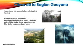 Presenta un clima ecuatorial o intertropical
lluvioso
Las temperaturas dependen
considerablemente de la altura, desde las
más cálidas de las tierras bajas hasta las
frías de las mesetas más elevadas
 