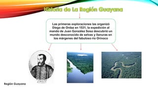 Las primeras exploraciones las organizó
Diego de Ordaz en 1531, la expedición al
mando de Juan González Sosa descubrió un
mundo desconocido de selvas y llanuras en
los márgenes del fabuloso río Orinoco
Región Guayana
 