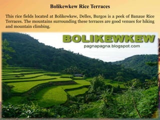 Bolikewkew Rice Terraces
This rice fields located at Bolikewkew, Delles, Burgos is a peek of Banaue Rice
Terraces. The mountains surrounding these terraces are good venues for hiking
and mountain climbing.
 
