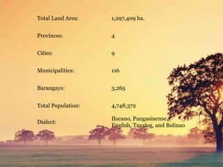 Total Land Area: 1,297,409 ha.
Provinces: 4
Cities: 9
Municipalities: 116
Barangays: 3,265
Total Population: 4,748,372
Dialect:
Ilocano, Pangasinense,
English, Tagalog, and Bolinao
 
