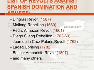 - Dingras Revolt (1587)
- Mallong Rebellion (1660)
- Pedro Almazon Revolt (1661)
- Diego Silang Rebellion (1762-63)
- Juan de la Cruz Palaris Revolt (1762)
- Laoag Uprising (1782)
- Basi or Ambaristo Revolt (1807)
- and many others
 