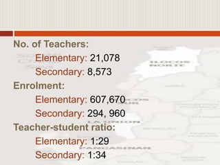 No. of Teachers:
Elementary: 21,078
Secondary: 8,573
Enrolment:
Elementary: 607,670
Secondary: 294, 960
Teacher-student ratio:
Elementary: 1:29
Secondary: 1:34
 
