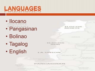 • Ilocano
• Pangasinan
• Bolinao
• Tagalog
• English
 