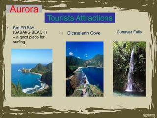 Tourists Attractions
• BALER BAY
(SABANG BEACH)
– a good place for
surfing.
• Dicasalarin Cove Cunayan Falls
 