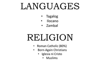 LANGUAGES
• Tagalog
• Ilocano
• Zambal
RELIGION
• Roman Catholic (80%)
• Born-Again Christians
• Iglesia ni Cristo
• Muslims
 