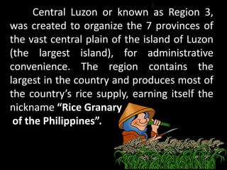 Central Luzon or known as Region 3,
was created to organize the 7 provinces of
the vast central plain of the island of Luzon
(the largest island), for administrative
convenience. The region contains the
largest in the country and produces most of
the country’s rice supply, earning itself the
nickname “Rice Granary
of the Philippines”.
 
