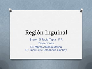 Región Inguinal
Shawn S Tapia Tapia 1º A
Disecciones
Dr. Marco Antonio Molina
Dr. José Luis Hernández Garibay
 