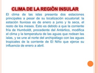 El clima de las islas presenta dos estaciones
principales a pesar de su localización ecuatorial: la
estación lluviosa es de enero a junio y la seca, el
resto de los meses. Esto es debido a que la corriente
fría de Humboldt, procedente del Antártico, modifica
el clima y la temperatura de las aguas que rodean las
islas, y se une al norte del archipiélago con las aguas
tropicales de la corriente de El Niño que ejerce su
influencia de enero a abril.
 