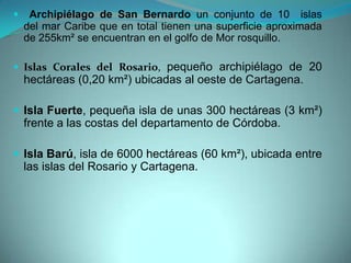  Archipiélago de San Bernardo un conjunto de 10 islas
del mar Caribe que en total tienen una superficie aproximada
de 255km² se encuentran en el golfo de Mor rosquillo.
 Islas Corales del Rosario, pequeño archipiélago de 20
hectáreas (0,20 km²) ubicadas al oeste de Cartagena.
 Isla Fuerte, pequeña isla de unas 300 hectáreas (3 km²)
frente a las costas del departamento de Córdoba.
 Isla Barú, isla de 6000 hectáreas (60 km²), ubicada entre
las islas del Rosario y Cartagena.
 