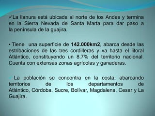 La llanura está ubicada al norte de los Andes y termina
en la Sierra Nevada de Santa Marta para dar paso a
la península de la guajira.
• Tiene una superficie de 142.000km2, abarca desde las
estribaciones de las tres cordilleras y va hasta el litoral
Atlántico, constituyendo un 8.7% del territorio nacional.
Cuenta con extensas zonas agrícolas y ganaderas.
 La población se concentra en la costa, abarcando
territorios de los departamentos de
Atlántico, Córdoba, Sucre, Bolívar, Magdalena, Cesar y La
Guajira.
 