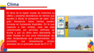 El clima de la región insular de Colombia es
cálido y presenta abundancia de vientos que
ayudan a aliviar la sensación de calor. Con
gran frecuencia, estos vientos pueden
tornarse en huracanes tropicales. En lo que
respecta a San Andrés, esta isla está
caracterizada por períodos definidos de
lluvias y por un clima seco dominante. Al
estar situada en una zona intertropical, las
altas temperaturas son predominantes. En
promedio, sus temperaturas rondan
alrededor de un promedio anual de 27,3 °C
Clima
 