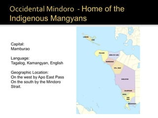 Capital: 
Mamburao 
Language: 
Tagalog, Kamangyan, English 
Geographic Location: 
On the west by Apo East Pass 
On the south by the Mindoro 
Strait. 
 