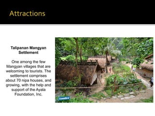 Talipanan Mangyan 
Settlement 
One among the few 
Mangyan villages that are 
welcoming to tourists. The 
settlement comprises 
about 70 nipa houses, and 
growing, with the help and 
support of the Ayala 
Foundation, Inc. 
 
