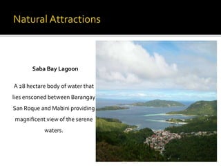 Saba Bay Lagoon 
A 28 hectare body of water that 
lies ensconed between Barangay 
San Roque and Mabini providing 
magnificent view of the serene 
waters. 
 