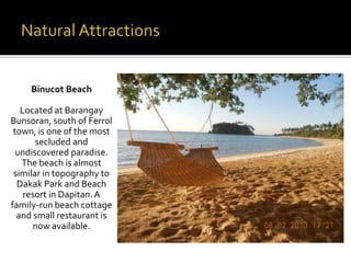 Binucot Beach 
Located at Barangay 
Bunsoran, south of Ferrol 
town, is one of the most 
secluded and 
undiscovered paradise. 
The beach is almost 
similar in topography to 
Dakak Park and Beach 
resort in Dapitan. A 
family-run beach cottage 
and small restaurant is 
now available. 
 