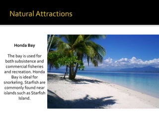 Honda Bay 
The bay is used for 
both subsistence and 
commercial fisheries 
and recreation. Honda 
Bay is ideal for 
snorkeling. Starfish are 
commonly found near 
islands such as Starfish 
Island. 
 