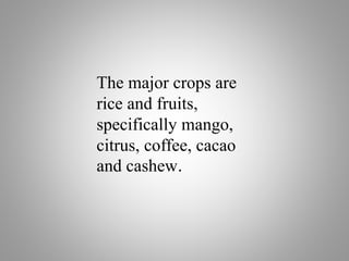 The major crops are
rice and fruits,
specifically mango,
citrus, coffee, cacao
and cashew.
 