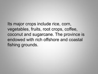 Its major crops include rice, corn,
vegetables, fruits, root crops, coffee,
coconut and sugarcane. The province is
endowed with rich offshore and coastal
fishing grounds.
 