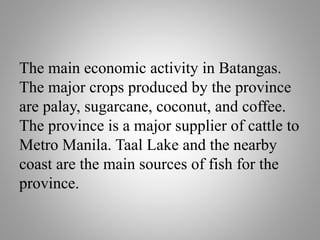 The main economic activity in Batangas.
The major crops produced by the province
are palay, sugarcane, coconut, and coffee.
The province is a major supplier of cattle to
Metro Manila. Taal Lake and the nearby
coast are the main sources of fish for the
province.
 