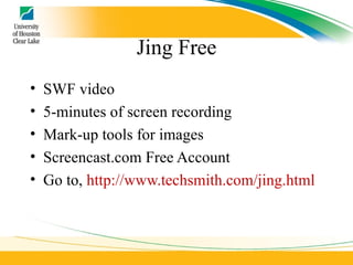 Jing Free SWF video  5-minutes of screen recording  Mark-up tools for images  Screencast.com Free Account Go to,  http://www.techsmith.com/jing.html   