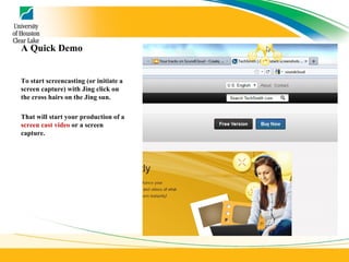 A Quick Demo To start screencasting (or initiate a screen capture) with Jing click on the cross hairs on the Jing sun. That will start your production of a  screen cast video  or a screen capture. 