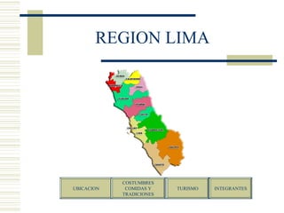 REGION LIMA UBICACION COSTUMBRES COMIDAS Y  TRADICIONES TURISMO INTEGRANTES 