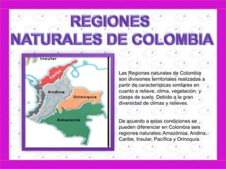 Las Regiones naturales de Colombia 
son divisiones territoriales realizadas a 
partir de características similares en 
cuanto a relieve, clima, vegetación, y 
clases de suelo. Debido a la gran 
diversidad de climas y relieves. 
De acuerdo a estas condiciones se 
pueden diferenciar en Colombia seis 
regiones naturales: Amazónica, Andina, 
Caribe, Insular, Pacífica y Orinoquía. 
 