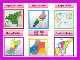 Región Amazónica 
Región Pacifica 
Región Andina Región Insular 
Región de la 
Orinoquia 
Región del Caribe 
 