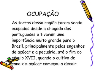 OCUPAÇÃO As terras dessa região foram sendo ocupadas desde a chegada dos portugueses e tiveram uma importância muito grande para o Brasil, principalmente pelos engenhos de açúcar e a pecuária, até o fim do século XVII, quando o cultivo de cana-de-açúcar começou a decair. 